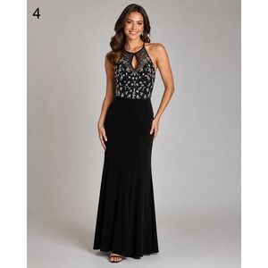 Vintage Y2K B Darlin Black Velvet Halter Neck Beaded Formal Gown Juniors 1/2